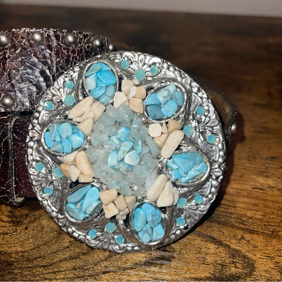 Leatherwork Brown Leather Studded Belt Large Buckle Embellished Turquoise 34 main image 4
